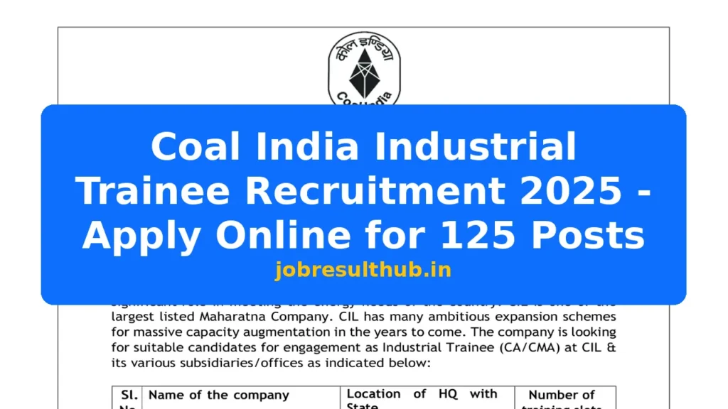 Coal India Industrial Trainee Recruitment 2025 - Apply Online for 125 Posts - 125 Posts