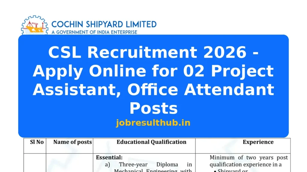CSL Recruitment 2026 - Apply Online for 02 Project Assistant, Office Attendant Posts - 2026 Posts