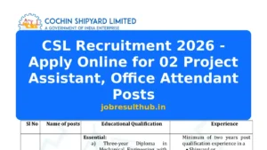 CSL Recruitment 2026 - Apply Online for 02 Project Assistant, Office Attendant Posts - 2026 Posts