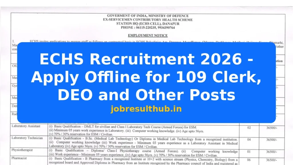 ECHS Recruitment 2026 - Apply Offline for 109 Clerk, DEO and Other Posts - 109 Posts
