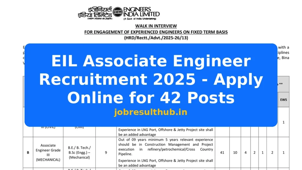 EIL Associate Engineer Recruitment 2025 - Apply Online for 42 Posts - 42 Posts
