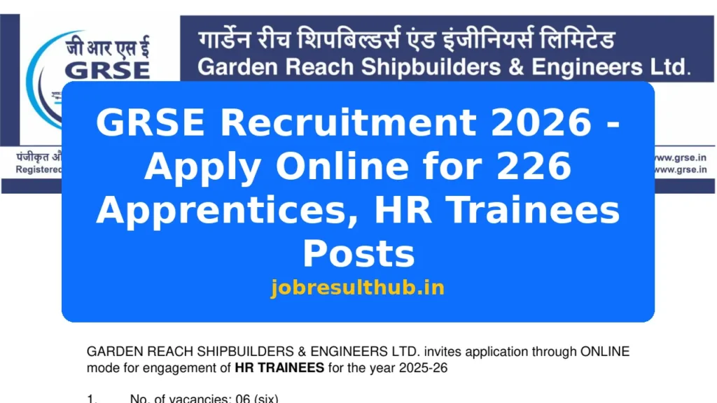 GRSE Recruitment 2026 - Apply Online for 226 Apprentices, HR Trainees Posts - 220 Posts