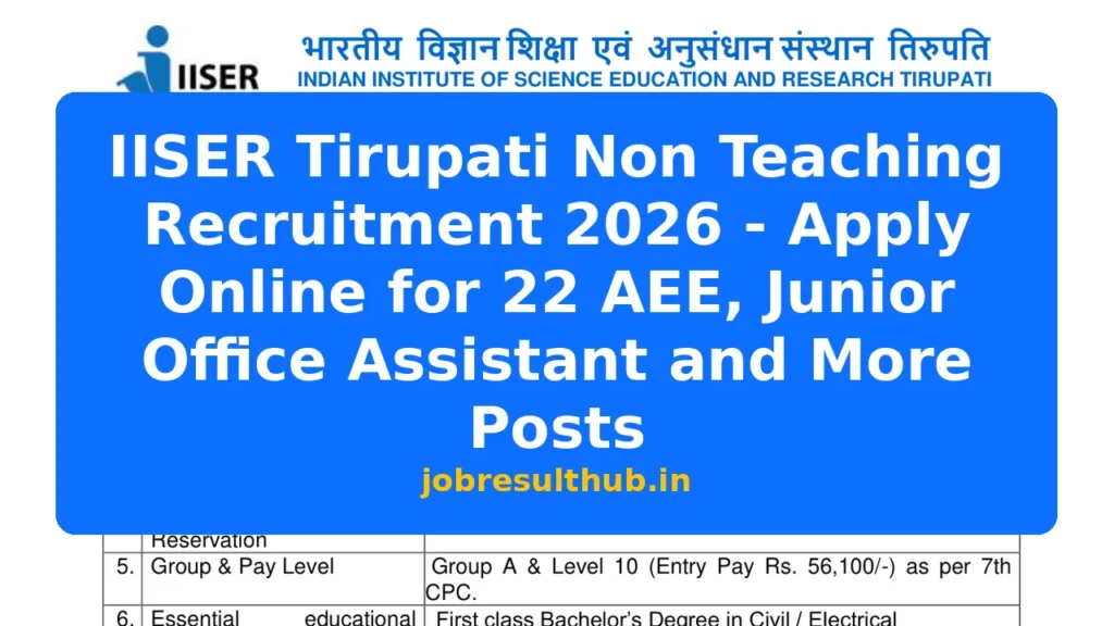 IISER Tirupati Non Teaching Recruitment 2026 - Apply Online for 22 AEE, Junior Office Assistant and More Posts - 22 Posts