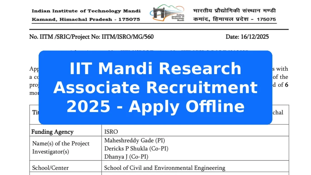 IIT Mandi Research Associate Recruitment 2025 - Apply Offline Featured Image