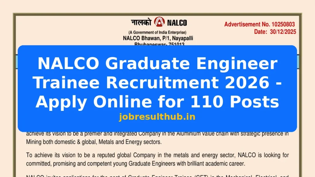 NALCO Graduate Engineer Trainee Recruitment 2026 - Apply Online for 110 Posts - 110 Posts