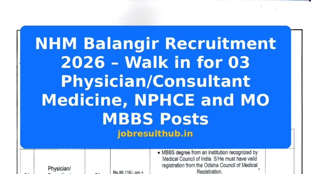 NHM Balangir Recruitment 2026 – Walk in for 03 Physician/Consultant Medicine, NPHCE and MO MBBS Posts - 3 Posts