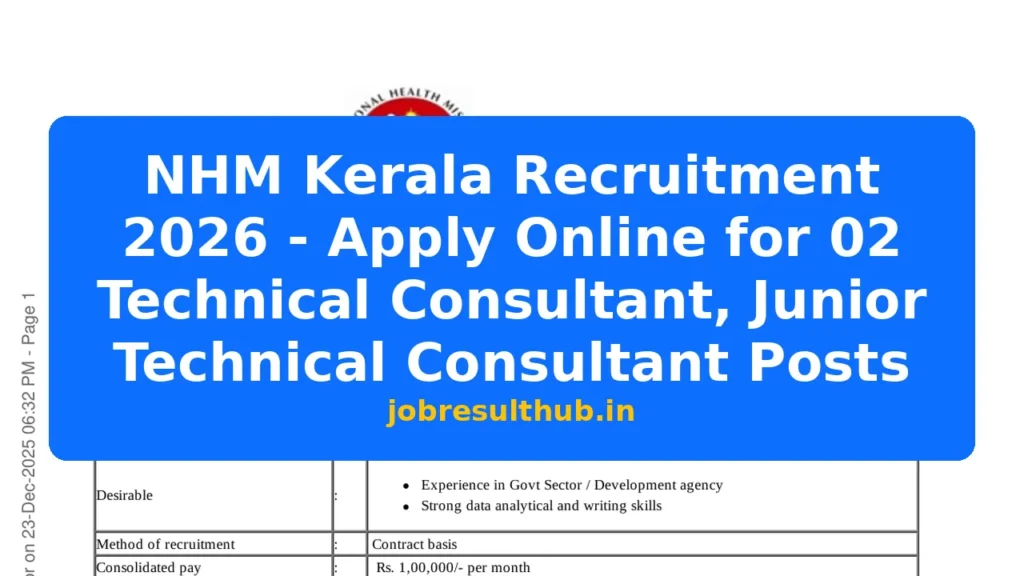 NHM Kerala Recruitment 2026 - Apply Online for 02 Technical Consultant, Junior Technical Consultant Posts - 2025 Posts