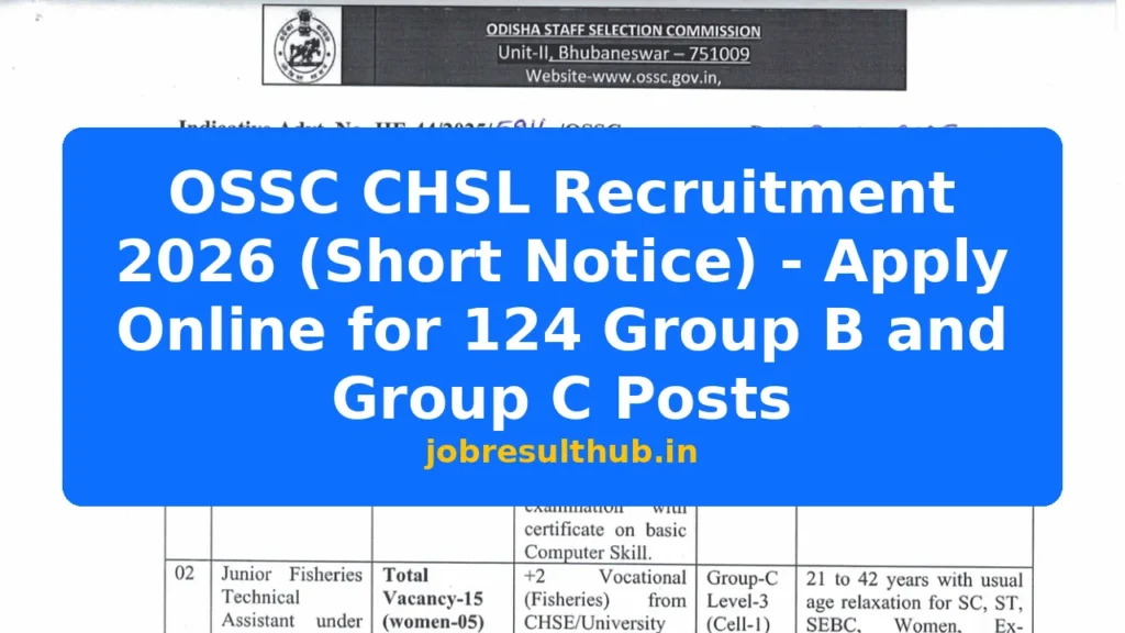 OSSC CHSL Recruitment 2026 (Short Notice) - Apply Online for 124 Group B and Group C Posts - 15 Posts