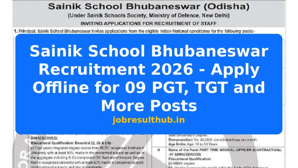 Sainik School Bhubaneswar Recruitment 2026 - Apply Offline for 09 PGT, TGT and More Posts - 2026 Posts