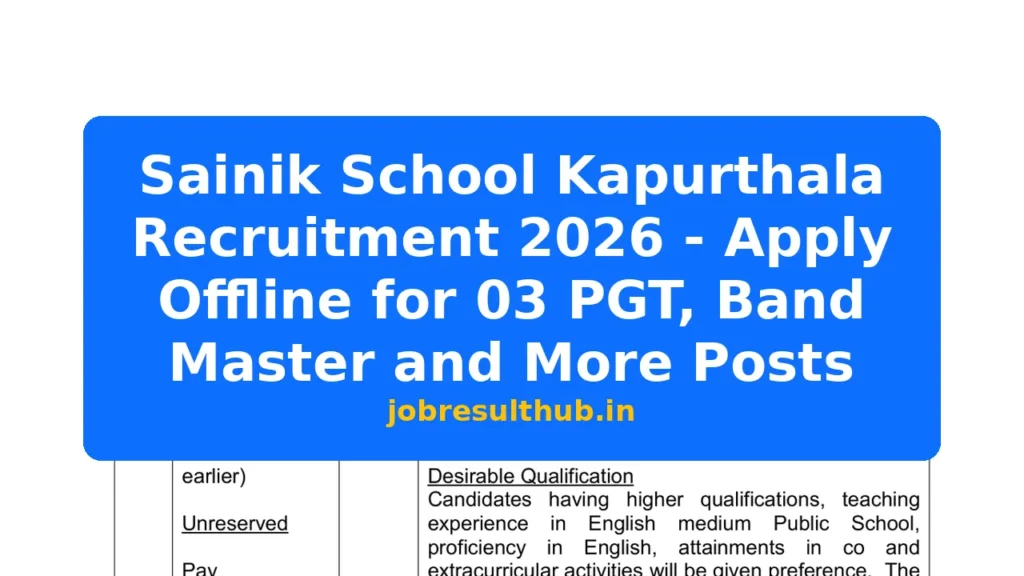 Sainik School Kapurthala Recruitment 2026 - Apply Offline for 03 PGT, Band Master and More Posts - 2026 Posts