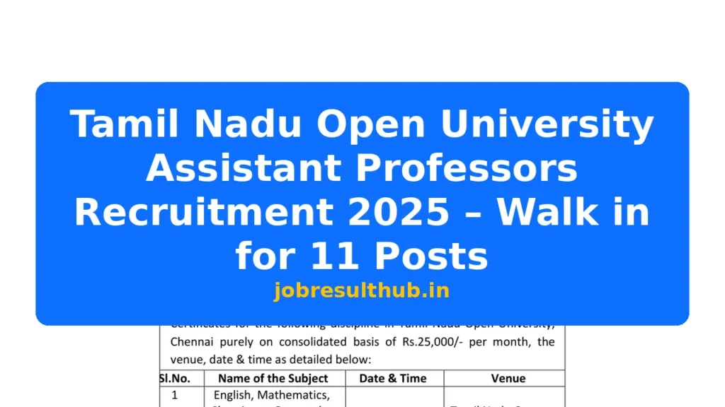Tamil Nadu Open University Assistant Professors Recruitment 2025 – Walk in for 11 Posts - 11 Posts