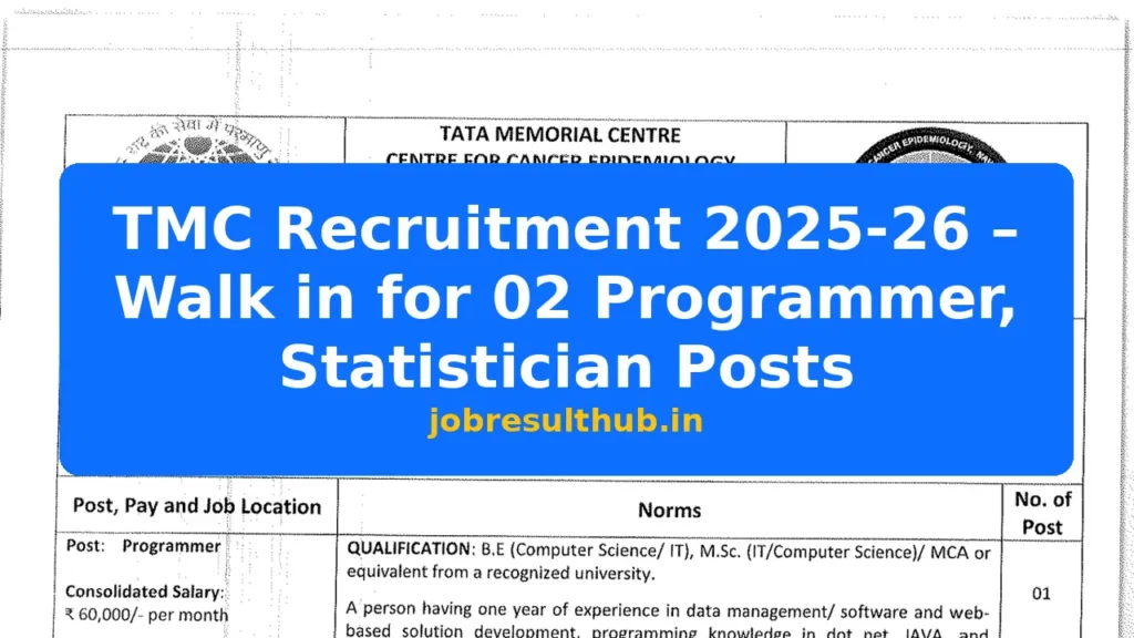 TMC Recruitment 2025-26 – Walk in for 02 Programmer, Statistician Posts - 2 Posts