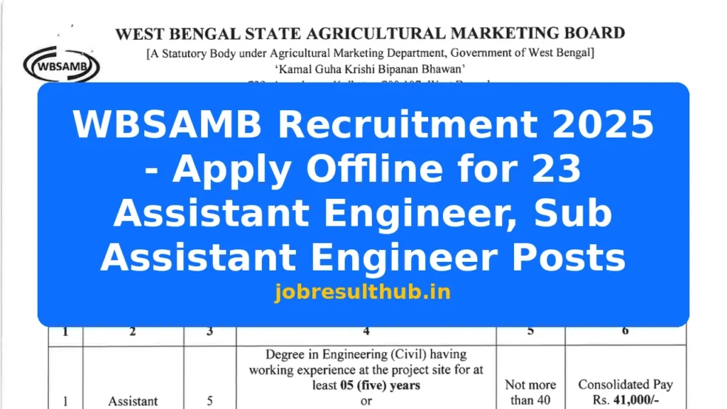 WBSAMB Recruitment 2025 - Apply Offline for 23 Assistant Engineer, Sub Assistant Engineer Posts - 2025 Posts