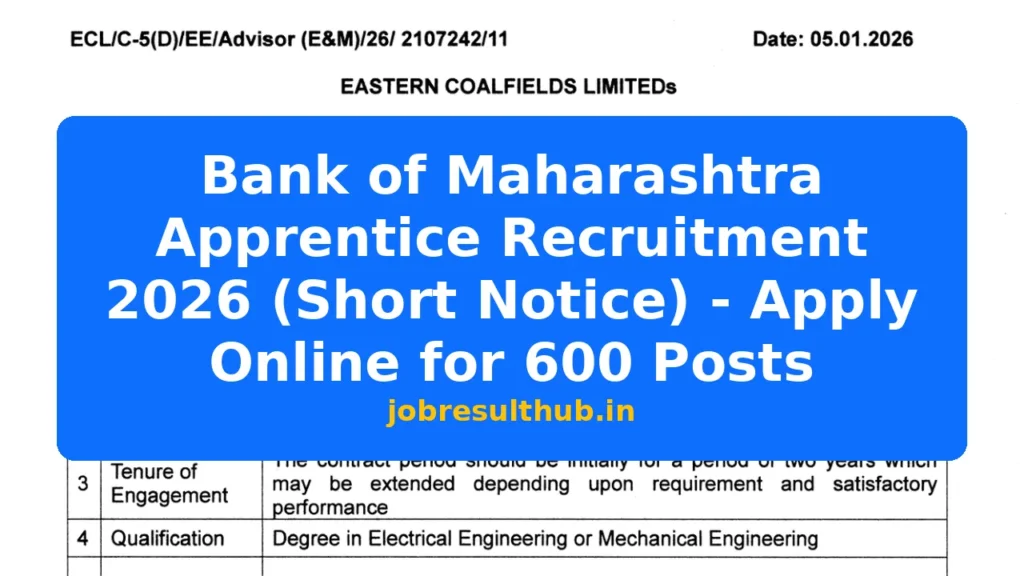 Bank of Maharashtra Apprentice Recruitment 2026 (Short Notice) - Apply Online for 600 Posts - 600 Posts