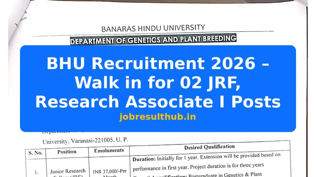 BHU Recruitment 2026 – Walk in for 02 JRF, Research Associate I Posts - 2 Posts