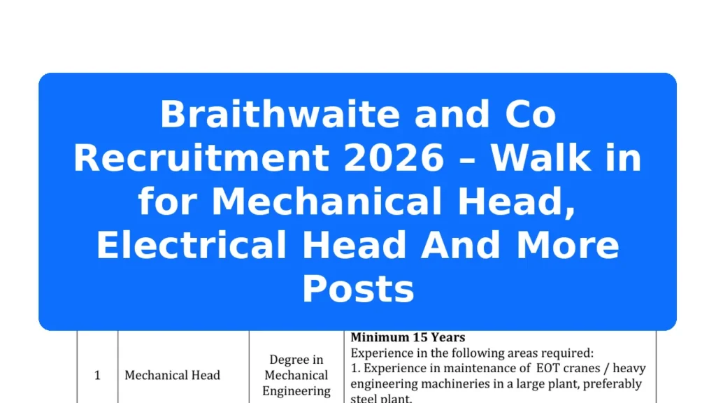 Braithwaite and Co Recruitment 2026 – Walk in for Mechanical Head, Electrical Head And More Posts Featured Image