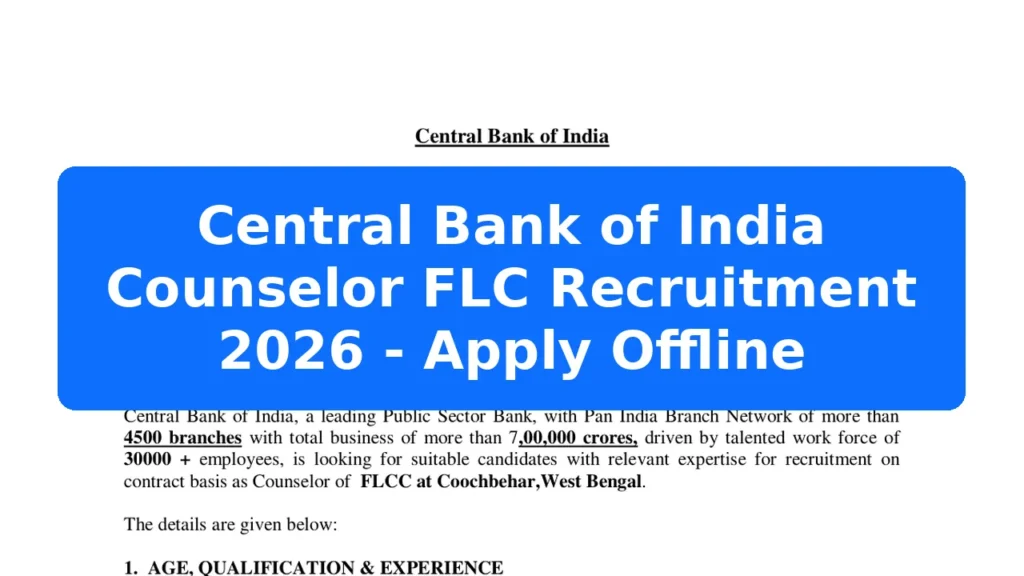 Central Bank of India Counselor FLC Recruitment 2026 - Apply Offline Featured Image