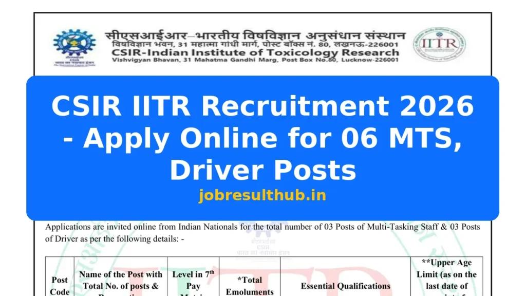 CSIR IITR Recruitment 2026 - Apply Online for 06 MTS, Driver Posts - 2026 Posts