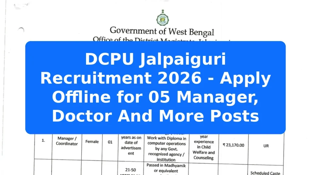 DCPU Jalpaiguri Recruitment 2026 - Apply Offline for 05 Manager, Doctor And More Posts Featured Image