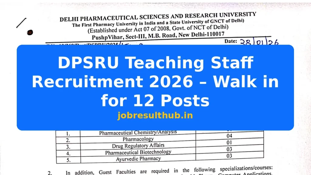 DPSRU Teaching Staff Recruitment 2026 – Walk in for 12 Posts - 12 Posts