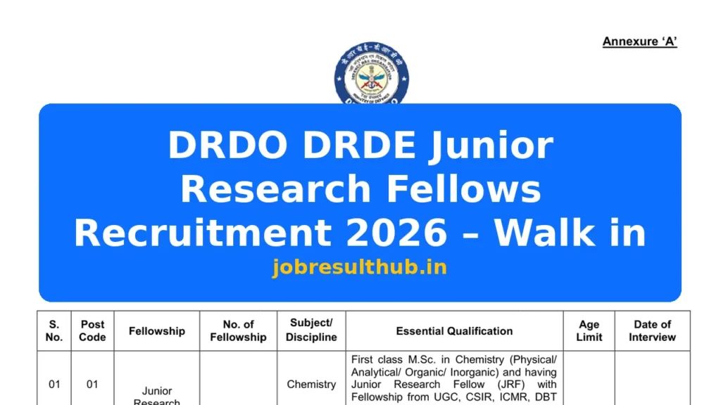 DRDO DRDE Junior Research Fellows Recruitment 2026 – Walk in - 28 Posts