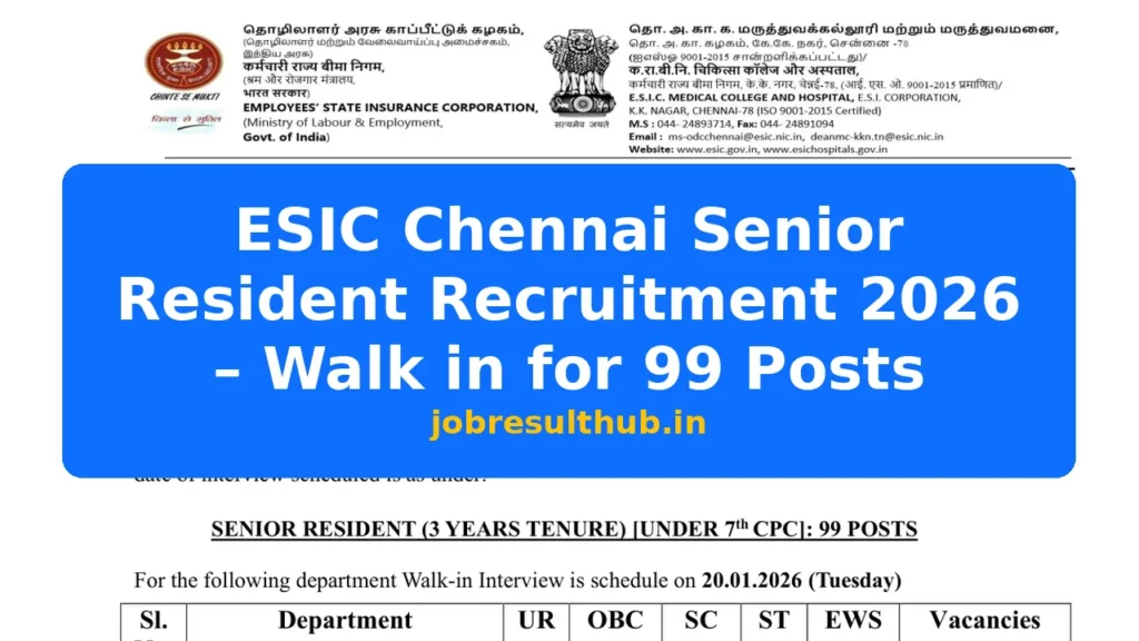 ESIC Chennai Senior Resident Recruitment 2026 – Walk in for 99 Posts - 99 Posts