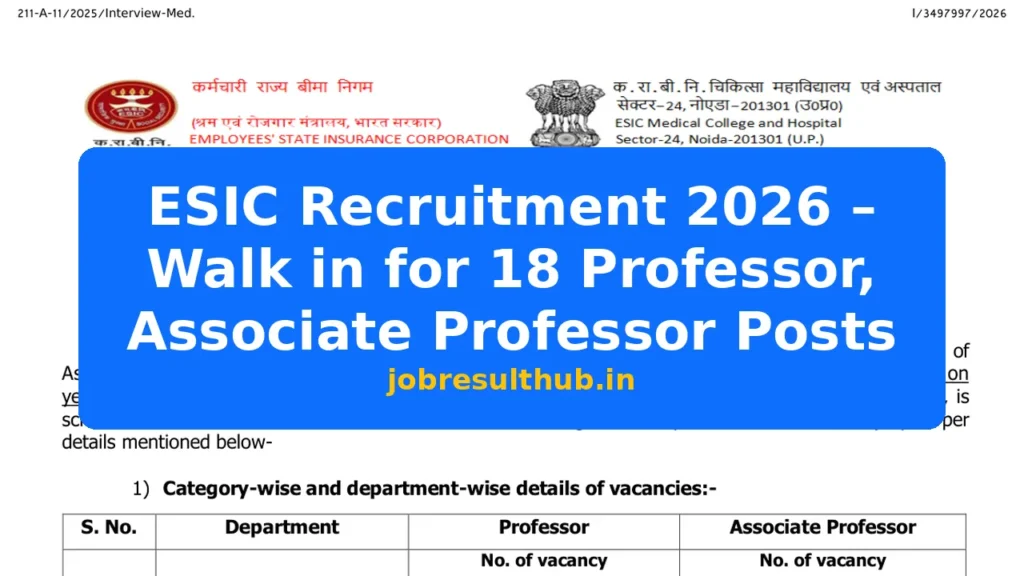 ESIC Recruitment 2026 – Walk in for 18 Professor, Associate Professor Posts - 18 Posts