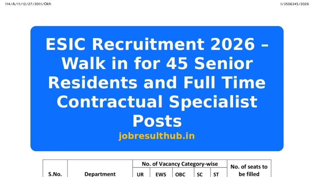 ESIC Recruitment 2026 – Walk in for 45 Senior Residents and Full Time Contractual Specialist Posts - 45 Posts