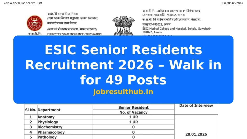 ESIC Senior Residents Recruitment 2026 – Walk in for 49 Posts - 49 Posts
