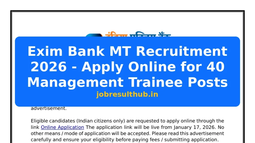Exim Bank MT Recruitment 2026 - Apply Online for 40 Management Trainee Posts - 2026 Posts