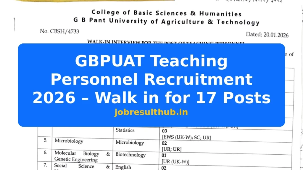 GBPUAT Teaching Personnel Recruitment 2026 – Walk in for 17 Posts - 17 Posts