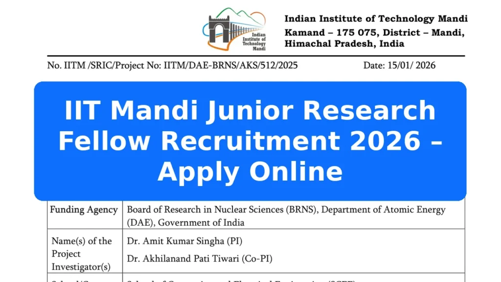 IIT Mandi Junior Research Fellow Recruitment 2026 – Apply Online Featured Image