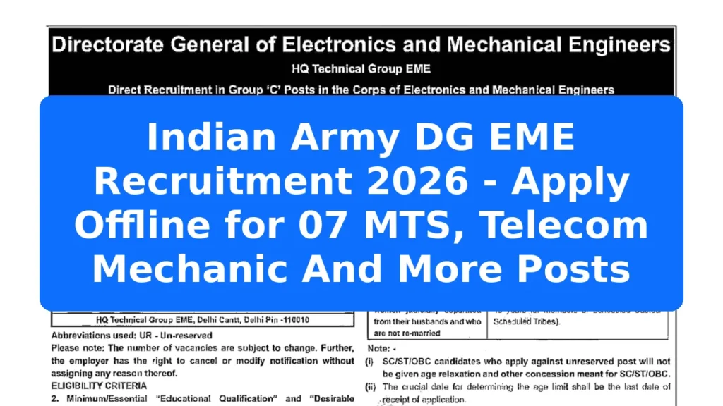 Indian Army DG EME Recruitment 2026 - Apply Offline for 07 MTS, Telecom Mechanic And More Posts Featured Image