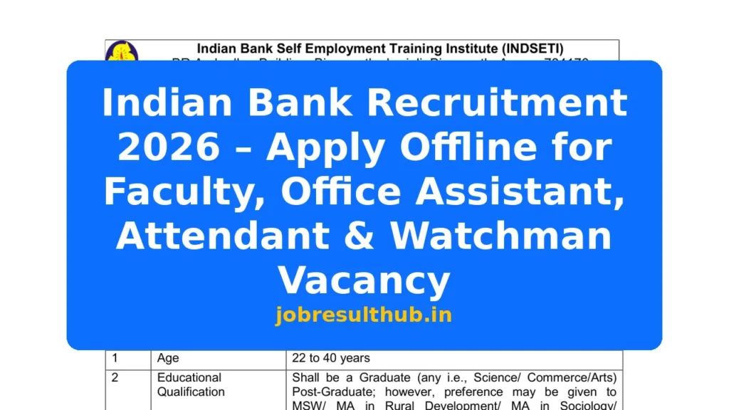 Indian Bank Recruitment 2026 – Apply Offline for Faculty, Office Assistant, Attendant & Watchman Vacancy - 6 Posts