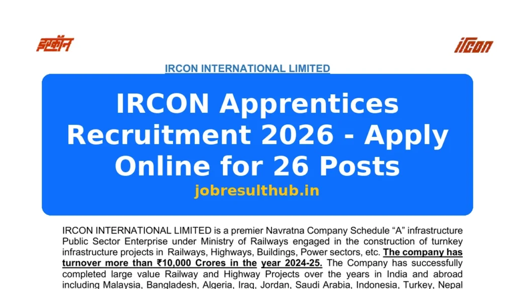 IRCON Apprentices Recruitment 2026 - Apply Online for 26 Posts - 26 Posts