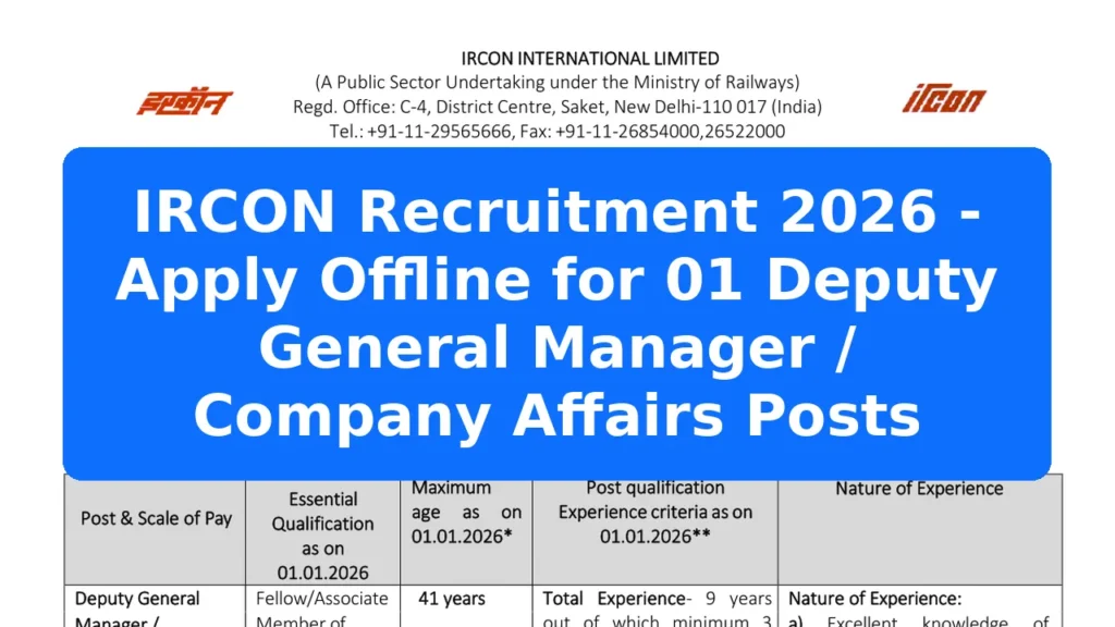 IRCON Recruitment 2026 - Apply Offline for 01 Deputy General Manager / Company Affairs Posts Featured Image