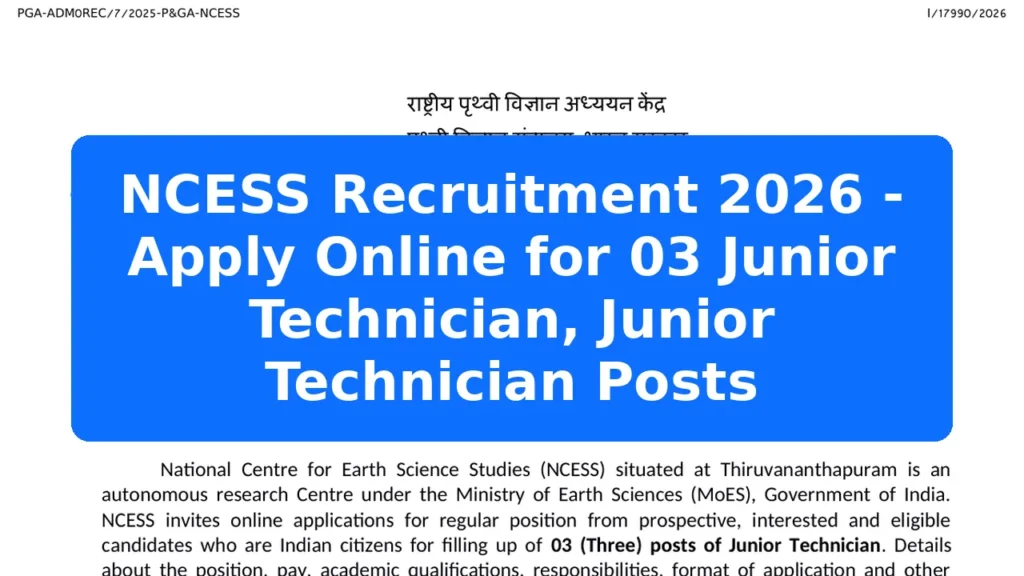 NCESS Recruitment 2026 - Apply Online for 03 Junior Technician, Junior Technician Posts Featured Image