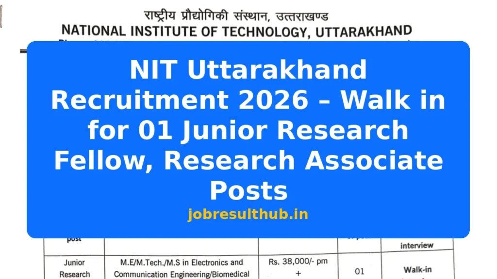 NIT Uttarakhand Recruitment 2026 – Walk in for 01 Junior Research Fellow, Research Associate Posts - 1 Posts