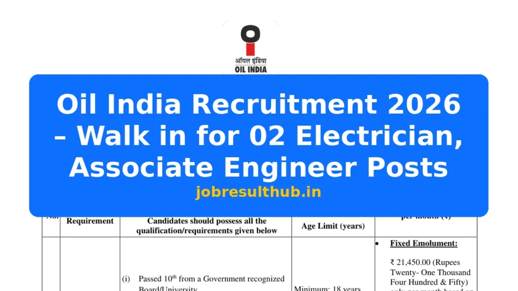 Oil India Recruitment 2026 – Walk in for 02 Electrician, Associate Engineer Posts - 2 Posts