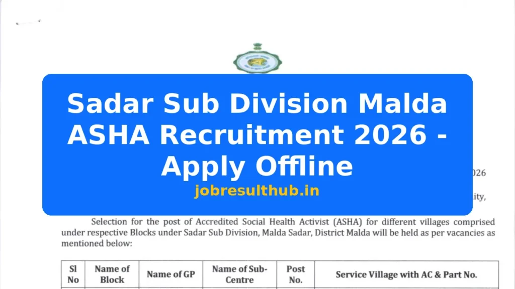Sadar Sub Division Malda ASHA Recruitment 2026 - Apply Offline - 2026 Posts