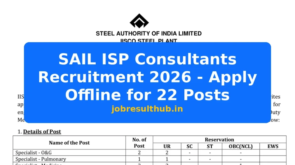 SAIL ISP Consultants Recruitment 2026 - Apply Offline for 22 Posts - 22 Posts