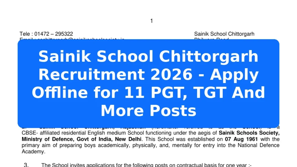 Sainik School Chittorgarh Recruitment 2026 - Apply Offline for 11 PGT, TGT And More Posts Featured Image