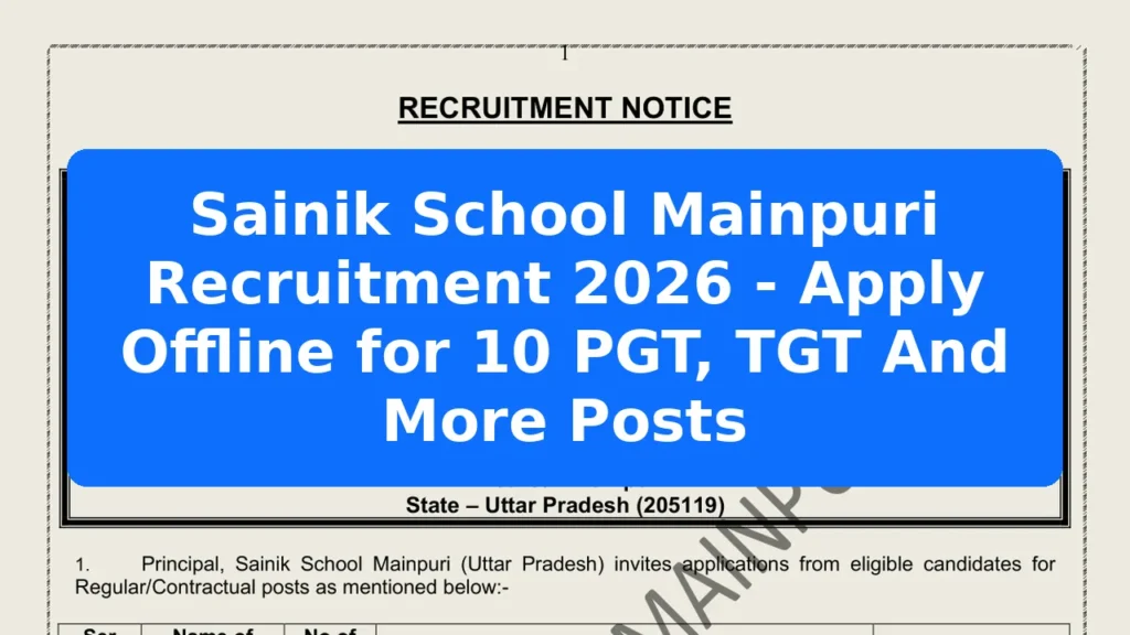 Sainik School Mainpuri Recruitment 2026 - Apply Offline for 10 PGT, TGT And More Posts Featured Image