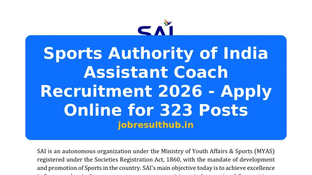 Sports Authority of India Assistant Coach Recruitment 2026 - Apply Online for 323 Posts - 323 Posts