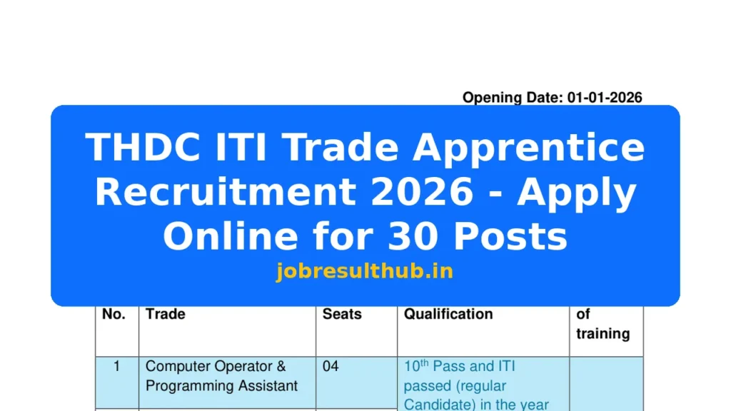 THDC ITI Trade Apprentice Recruitment 2026 - Apply Online for 30 Posts - 30 Posts