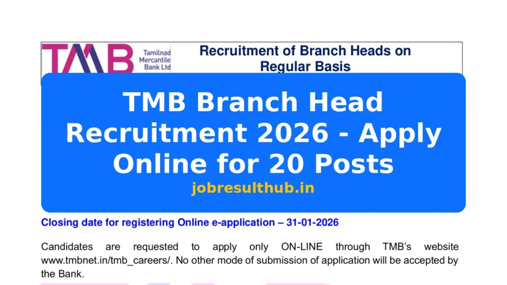 TMB Branch Head Recruitment 2026 - Apply Online for 20 Posts - 20 Posts