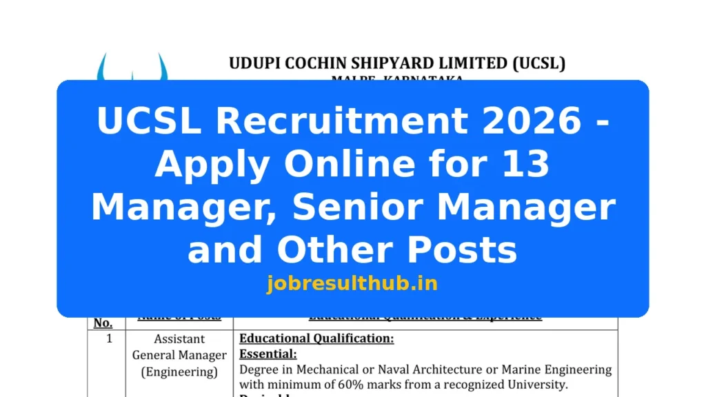 UCSL Recruitment 2026 - Apply Online for 13 Manager, Senior Manager and Other Posts - 2026 Posts