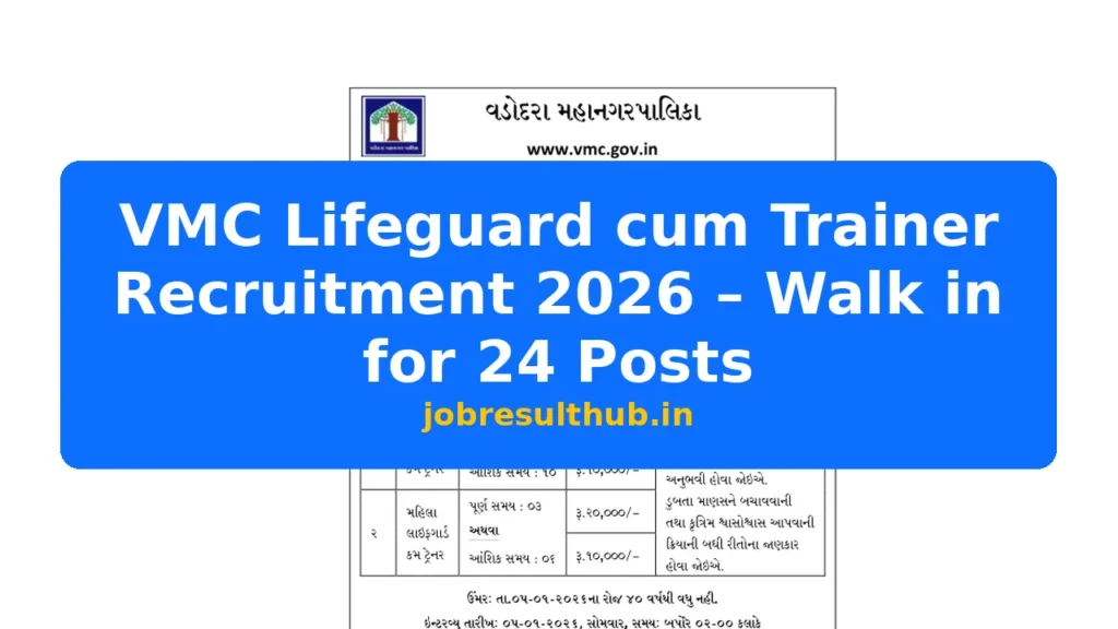 VMC Lifeguard cum Trainer Recruitment 2026 – Walk in for 24 Posts - 24 Posts