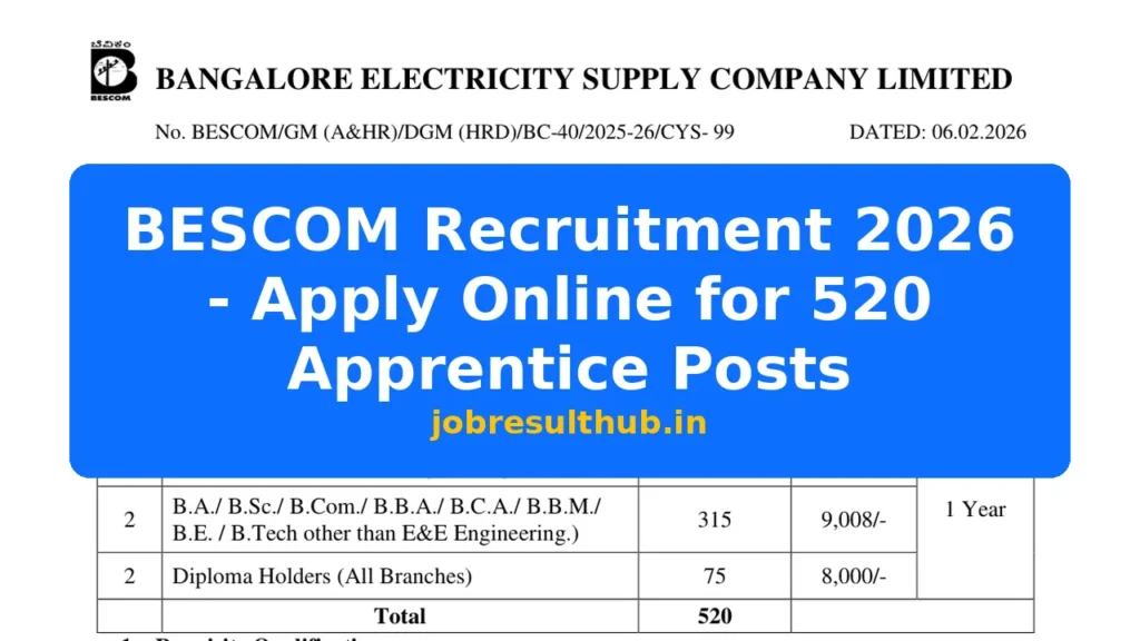 BESCOM Recruitment 2026 - Apply Online for 520 Apprentice Posts - 2026 Posts