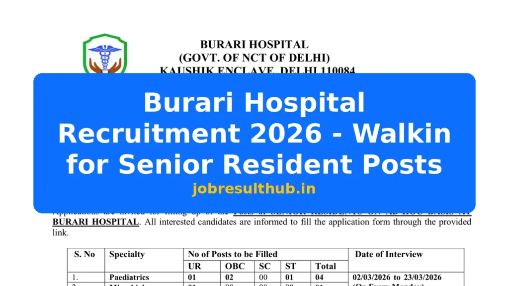 Burari Hospital Recruitment 2026 - Walkin for Senior Resident Posts - 2026 Posts